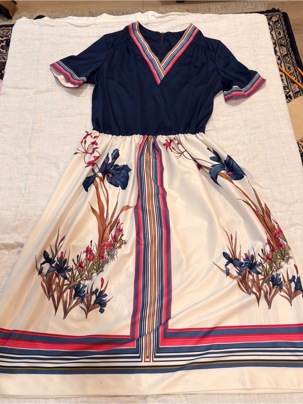 Vintage 70’s Lady Carol Floral Stripe Midi Dress in Navy & Cream XS/Small